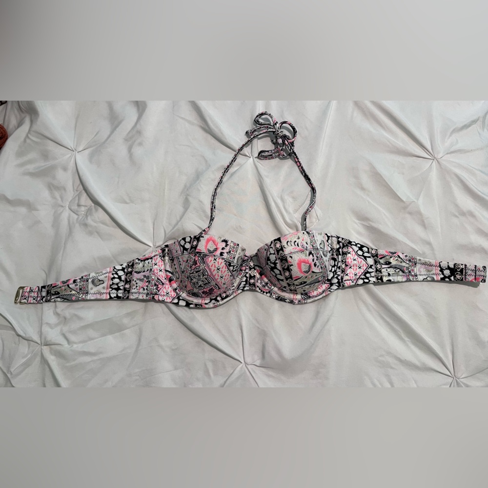 Victorias Secret. Black Pink Patterned Bandeau Top Bikini Bathing Suit.